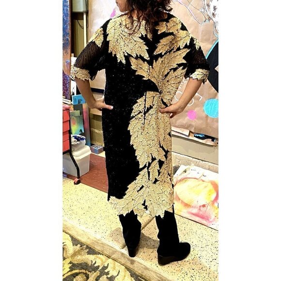 Vintage 80s Sho Max sequin dress opalescent creme black leaf design art nouveau - Picture 8 of 15